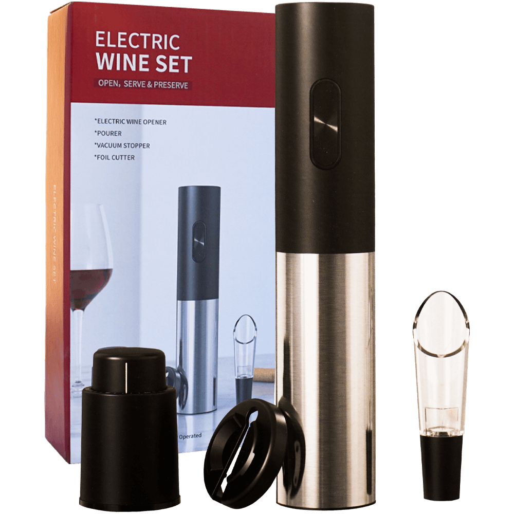 Set desfacator sticle de vin, tirbuson electric, taietor folie, aerator si turnator, 22.7 x 4.5 CM